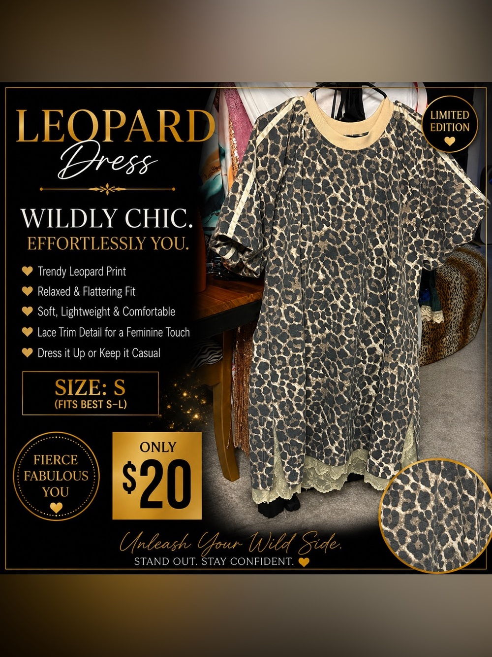 Leopard Print Kids Dress - Beige Trim